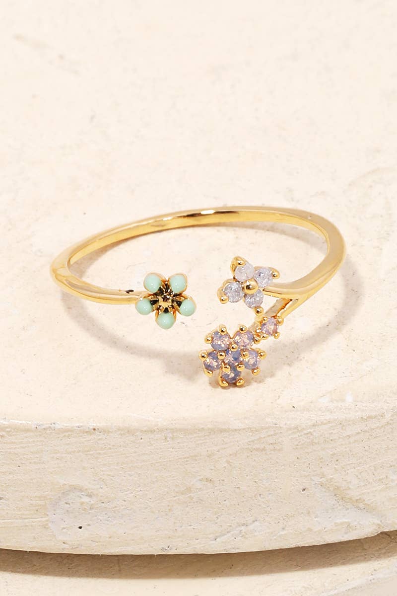 Mini Rhinestone Flower Vine Open Ring - Mint