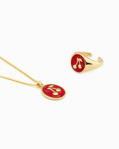 Gold Cherry Oval Colored Stamp Fruit Pendant Necklace
