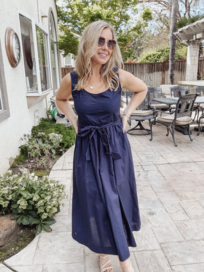 The Primrose Sleeveless Belt Tie Strap A-Line Midi Dress - Navy