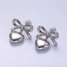 24K Gold Filled Heart Drop Ribbon Bow Stud Earrings in Gold