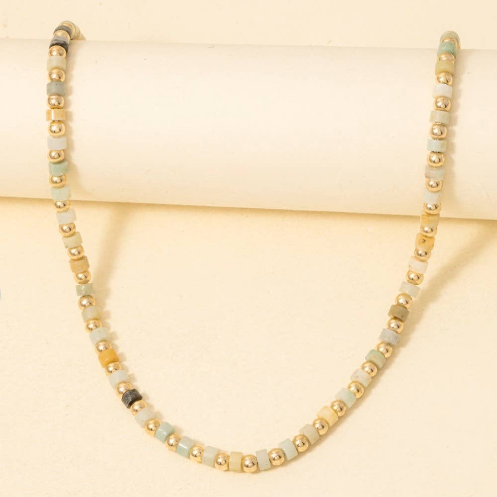 Metallic And Semi Precious Stone Beaded Necklace - Mint