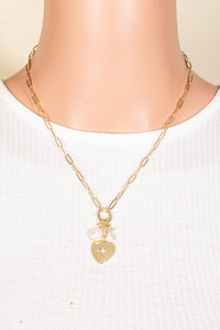 Pearl Cross And North Star Heart Charms Chain Necklace - Gold