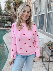 Bubblegum Pink and Red Dolman Sweater with 3D Textured Hearts - Pink/Red