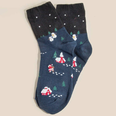 Festive Christmas Scenery Embroidered Socks - Navy/Black
