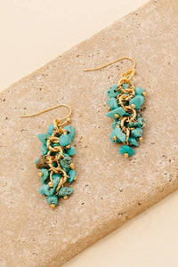 Pebble Stone Beaded Fringe Dangle Earrings - Turquoise