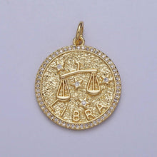 24K Gold Filled Zodiac Sign Birth Star Hammered Round Micro Paved CZ Charm Bar