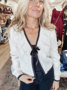Velvet Bow Charm Front Tie Cable Knit Cardigan - Cream