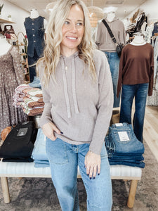 Sunday Stroll Mini Waffle Knit Textured Dolman Sleeve Hoodie Sweater - Mocha