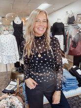 After Eight Polka Dot Mesh Mock Neck Long Sleeve Knit Top - Jet Black