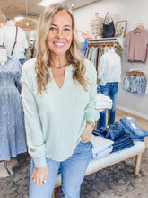 Sea Glass Split Neck Raw Edge Long Sleeve Ribbed Knit Top - Key Lime