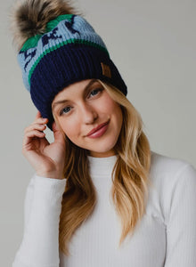 Ski Pom Hat - Green/Light Blue/Navy