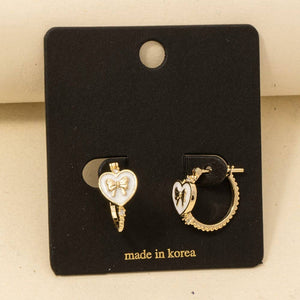 Gold Dipped Enamel Ribbon Bow Heart Hoop Earrings - White