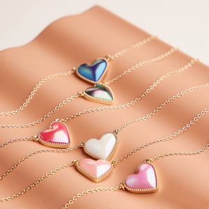 Heart Shaped Enamel Pendant Necklaces in Gold Chain Jewelry - Peach