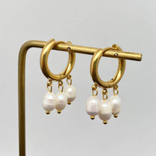 Triple Pearl Charm 18K Gold Plated SS Huggie Earrings