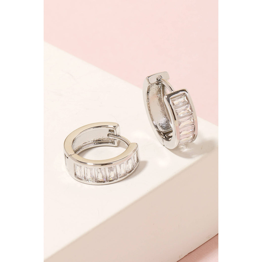 Mini Rhinestone Studded Huggie Earrings - Silver