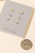 Sterling Silver Pave Moon Lightning Star Stud Earring Set