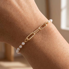 Pearl Bead And Paperclip Chain Link Bracelet: Gold