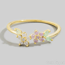 Cz Dual Flower Cluster Open Cuff Ring Gold