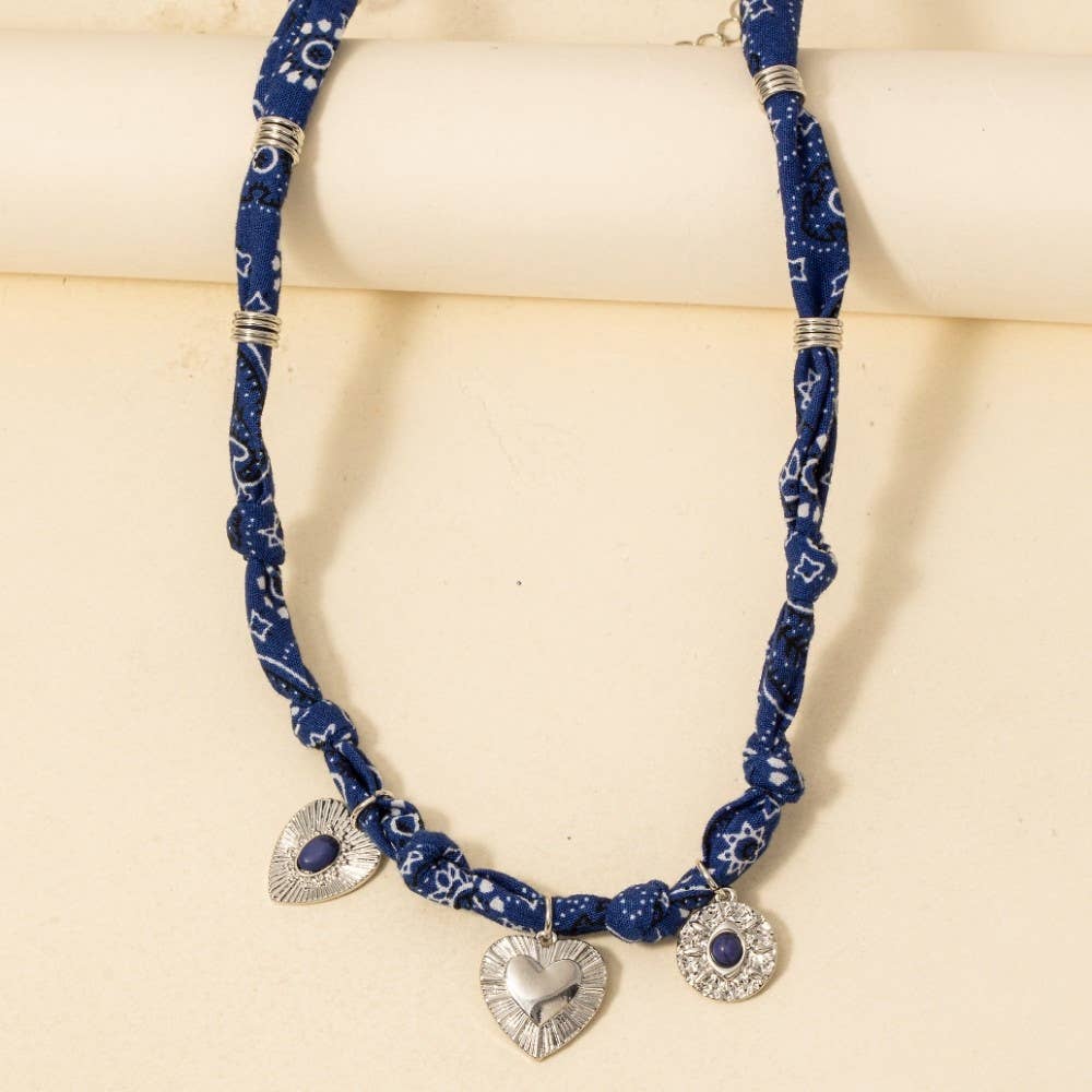 Stone Set Heart And Coin Charms Paisley Bandana Scarf Necklace