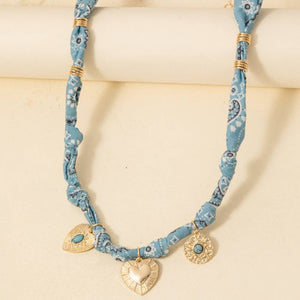 Stone Set Heart And Coin Charms Paisley Bandana Scarf Necklace