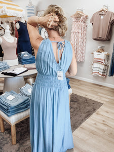 Willow Bay Double V Neck Smocked Waist Tied Back Maxi Dress - Blue