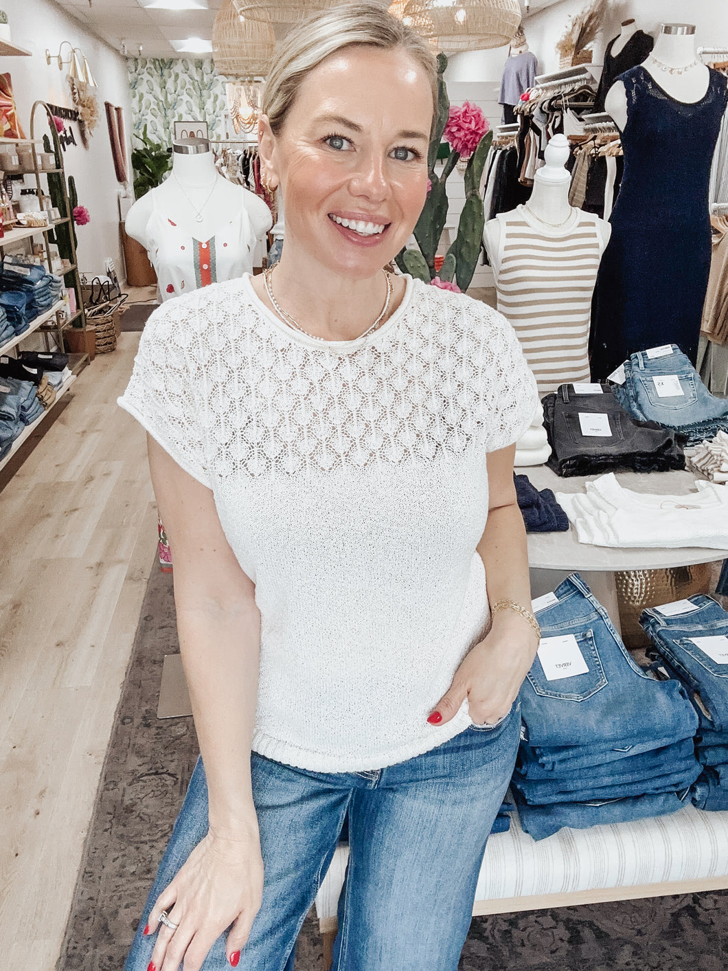 Sweet Stitch Eyelet Yoke Sweater Knit Top - Ivory
