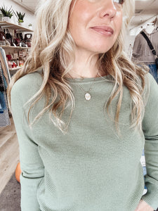 Wren Waffle Textured Mix Long Sleeve Pullover Sweater - Dark Sage