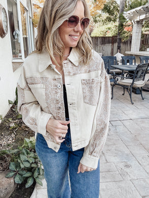 Contrast Fabric Oversized Denim Jacket - Taupe