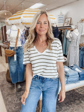 Everyday Striped Linen Blend Relaxed Fit V Neck - Dark Forest