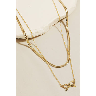 Snake Chain Layered Ribbon Bow Pendant Necklace - Gold