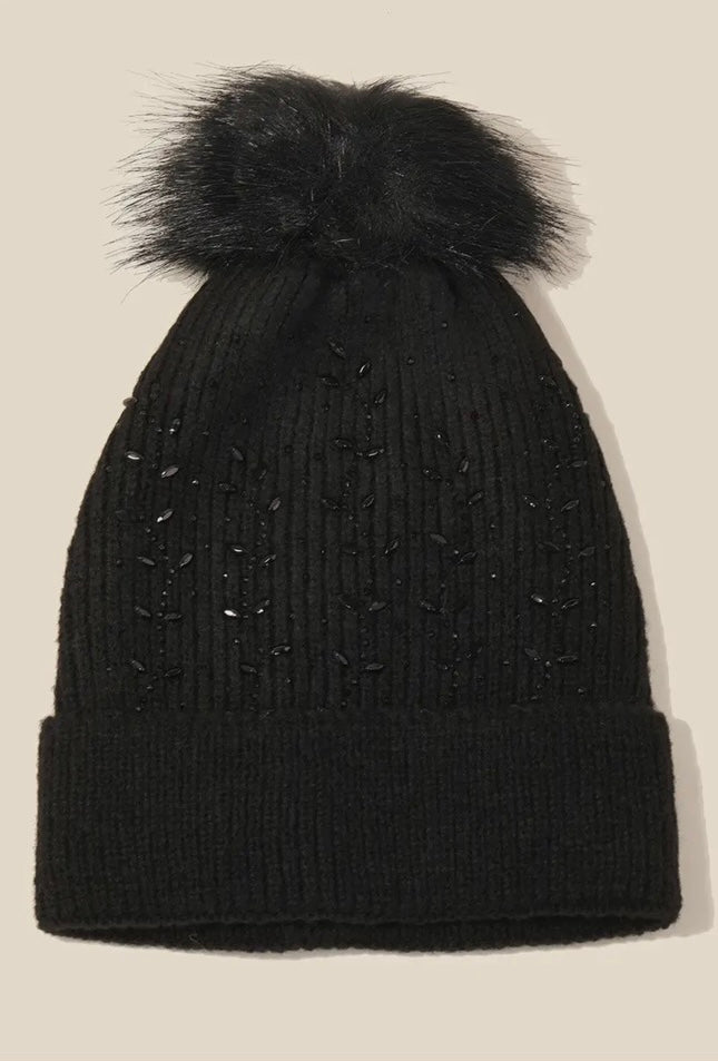 Rhinestone PomPom Knitted Beanie - Black