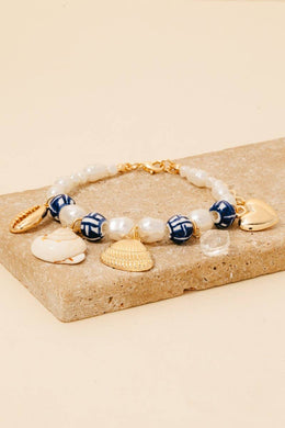 Sea Life Charms Pearl And Ceramic Beaded Bracelet - Gold/Cream/Blue