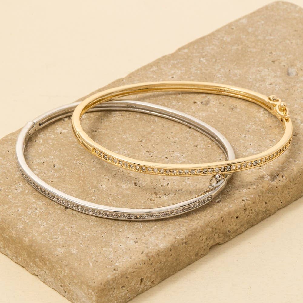 Gold Dipped Cz Pave Hinge Bangle Bracelet - Gold