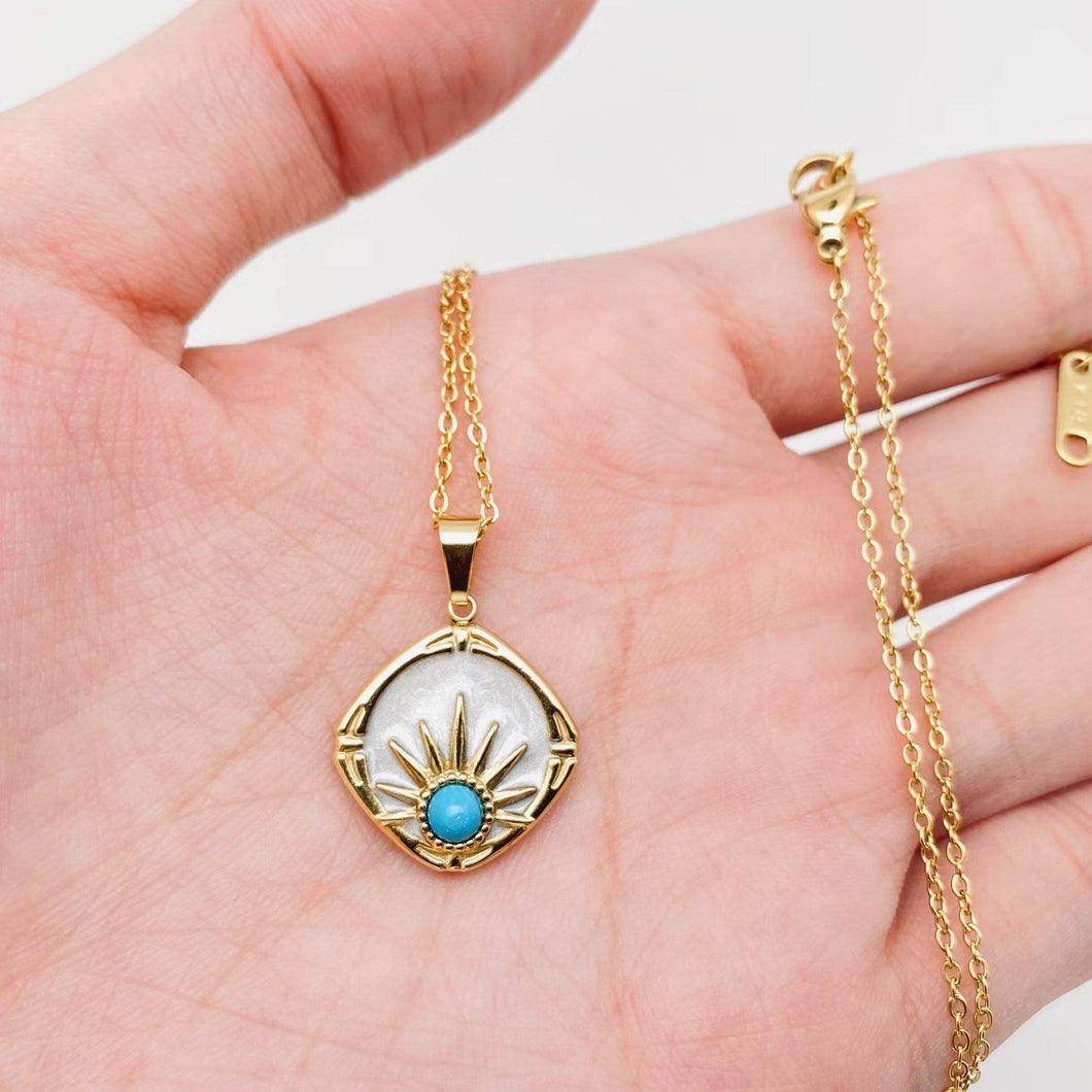 Inlaid Turquoise Sun Pendant Necklace | 18K Gold Plated