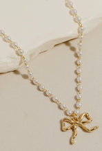 Pearl Chain Ribbon Bow Pendant Necklace - Gold