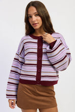 BUTTON UP ROUND NECK CARDIGAN: PURPLE BURGUNDY MULTI