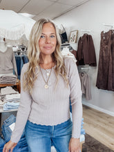 Slow Sunday Soft Fine Gauge Pointelle Henley Sweater with Scallop Edge - French Beige