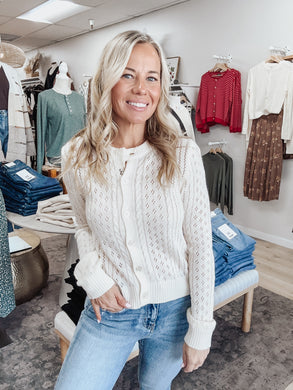 Willow Pointelle Cable Knit Long Sleeve Button Down Cardigan - Cream