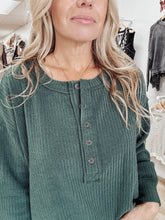 Sunday Button Ribbed Henley Long Sleeve Exposed Seam Knit Top - Green