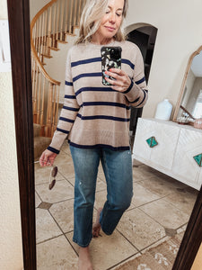 FINAL SALE Cozy Creek Stripe Sweater Striped Crew Neck Long Sleeve Sweater - Mocha