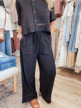 Midnight Society Soft Linen Blend Elastic Tie Waist Trim Detail Pants - Black