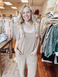 Linen Overall Jumpsuit with Pockets - Mocha