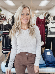 Softstone Puckered Jacquard Crew Neck Top with Thumbhole Detail - Taupe