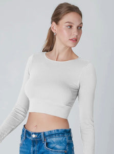 Ribbed Long Sleeve One Size Ribbed Crew Neck Crop Top - White
