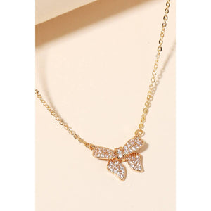 Pave Bow Ribbon Charm Necklace - Silver