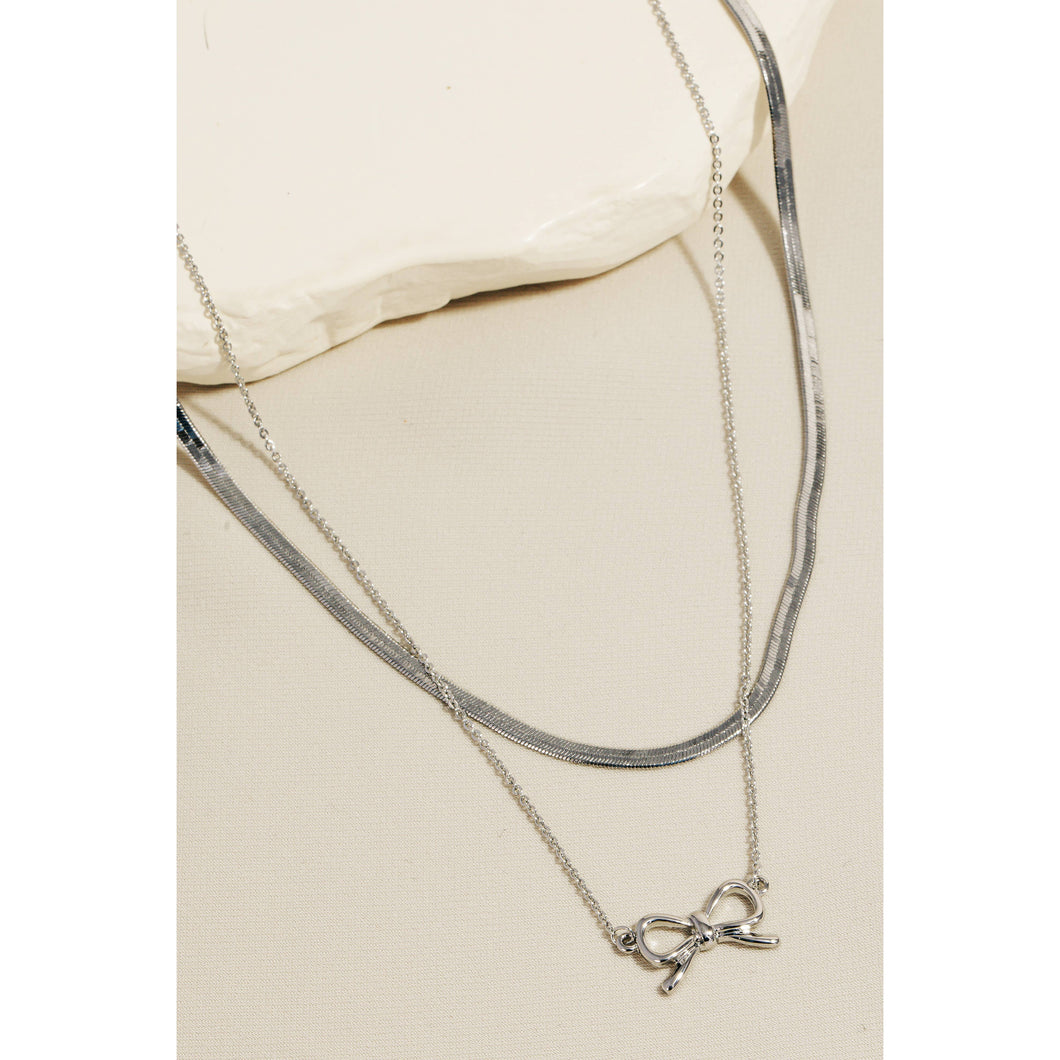 Snake Chain Layered Ribbon Bow Pendant Necklace - Silver