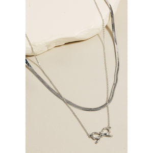 Snake Chain Layered Ribbon Bow Pendant Necklace - Gold