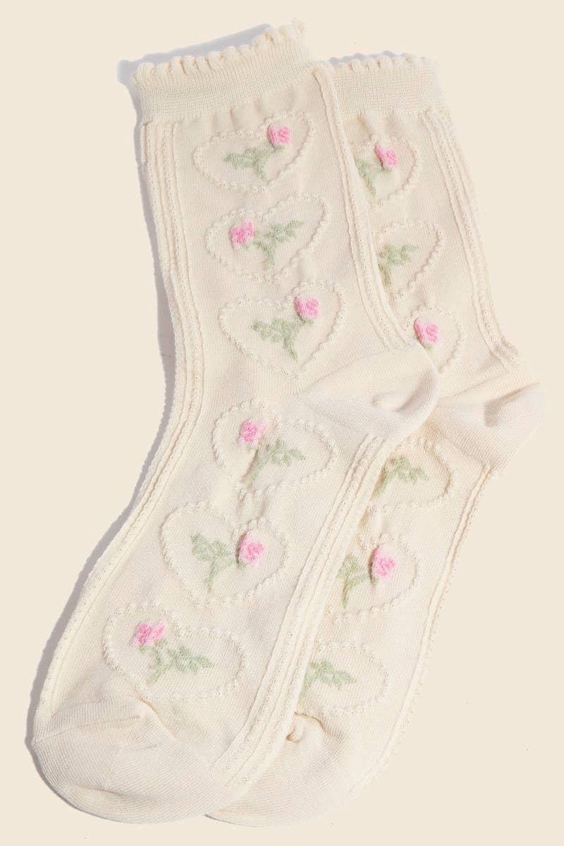 Heart Halo Flower Embroidered Socks - Beige