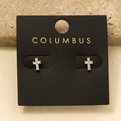 Mini Rhinestone Cross Post Earrings - Silver