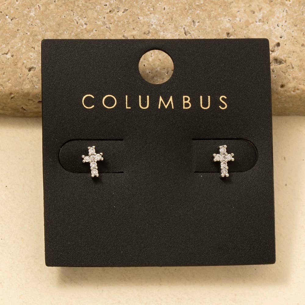 Mini Rhinestone Cross Post Earrings - Silver